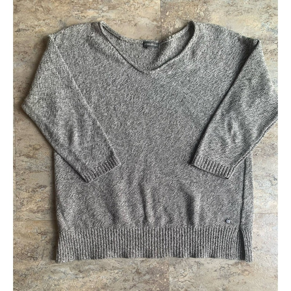 Eddie Bauer Knit Sweater‎ Women's M Gray V Neck 3/4 Sleeve Lightweight (0237)